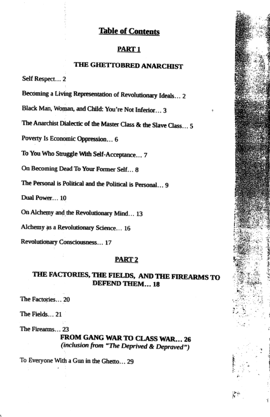 Table of Contents  PART |  ‘THE GHETTOBRED ANARCHIST Self Respect...2 ‘Becoming a Living Representation of Revolutionary Ideals.... 2 Black Man, Woman, and Child: You’re Not Inferior... 3 ‘The Anarchist Dialectic of the Master Class & the Slave Class.... 5 Poverty Is Economic Oppression... 6 “To You Who Struggle With Self-Acceptance... 7 On Becoming Desd To Your Formes Sel... 8 “The Personal is Political and the Political is Personal.... 9 Dual Power.. 10 On Alchemy and the Revolutionary Miad... 13 Alchemy s 3 Revolutonary Science.. 16 Revolutionary Consclousness... 17  PART2  ‘THE FACTORIES, THE FIELDS, AND THE FIREARMS TO DEFEND THEM... 18  ‘The Factories... 20 ‘The Fields... 21  ‘The Firearms... 23 FROM GANG WAR TO CLASS WAR... 26 (inclusion from “The Deprived & Depraved™)  To Everyone With a Gun in the Ghetto... 29  
